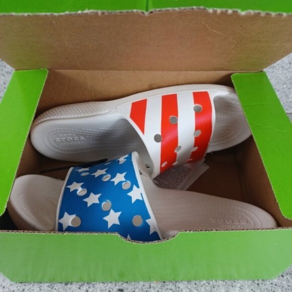 Crocs White American USA Flag Patriotic Slide Sandals Shoes - Picture 3 of 4